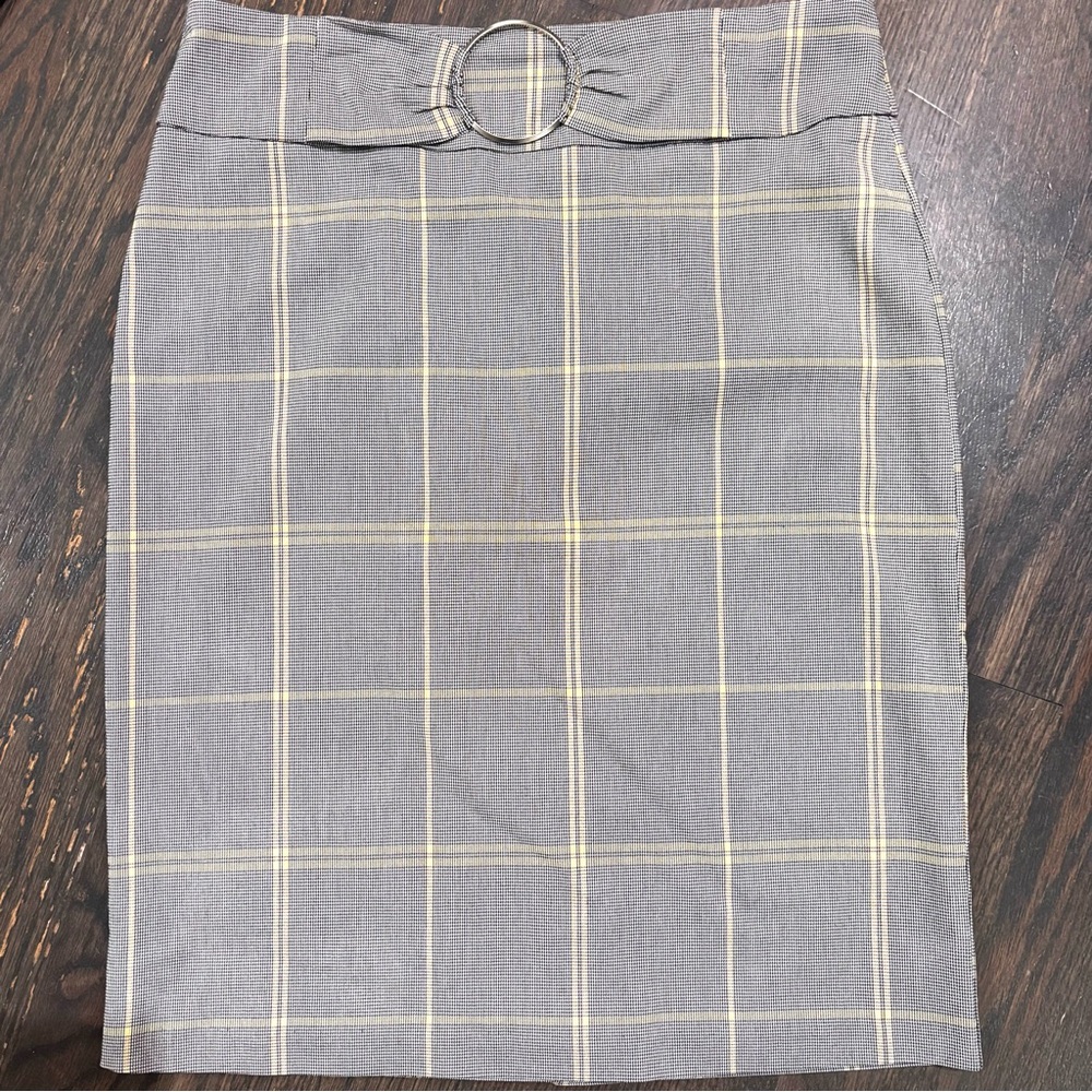NWOT Soho Apparel M Stretch Gray Yellow Black White Plaid Belted Pencil Skirt. - Picture 7 of 9